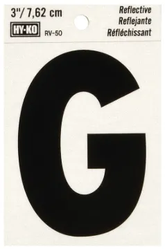 HY-KO RV-50/G Reflective Letter, Character: G, 3 in H Character, Black Character, Silver Background,