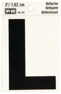 HY-KO RV-50/L Reflective Letter, Character: L, 3 in H Character, Black Character, Silver Background,