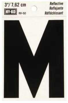 HY-KO RV-50/M Reflective Letter, Character: M, 3 in H Character, Black Character, Silver Background,