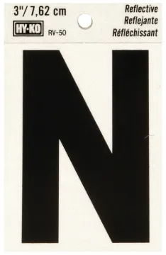 HY-KO RV-50/N Reflective Letter, Character: N, 3 in H Character, Black Character, Silver Background,