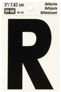 HY-KO RV-50/R Reflective Letter, Character: R, 3 in H Character, Black Character, Silver Background,