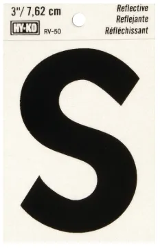 HY-KO RV-50/S Reflective Letter, Character: S, 3 in H Character, Black Character, Silver Background,
