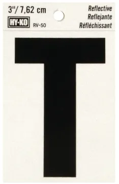 HY-KO RV-50/T Reflective Letter, Character: T, 3 in H Character, Black Character, Silver Background,
