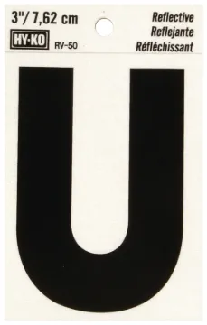 HY-KO RV-50/U Reflective Letter, Character: U, 3 in H Character, Black Character, Silver Background,