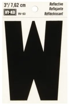 HY-KO RV-50/W Reflective Letter, Character: W, 3 in H Character, Black Character, Silver Background,