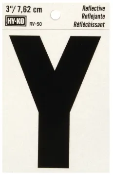 HY-KO RV-50/Y Reflective Letter, Character: Y, 3 in H Character, Black Character, Silver Background,