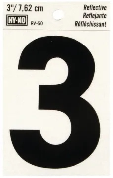 HY-KO RV-50/3 Reflective Sign, Character: 3, 3 in H Character, Black Character, Silver Background, V