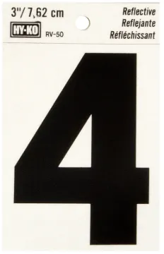 HY-KO RV-50/4 Reflective Sign, Character: 4, 3 in H Character, Black Character, Silver Background, V