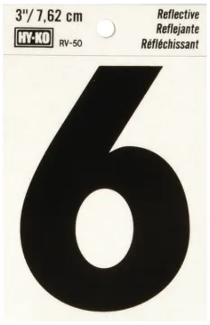 HY-KO RV-50/6 Reflective Sign, Character: 6, 3 in H Character, Black Character, Silver Background, V