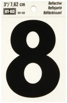 HY-KO RV-50/8 Reflective Sign, Character: 8, 3 in H Character, Black Character, Silver Background, V