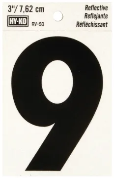HY-KO RV-50/9 Reflective Sign, Character: 9, 3 in H Character, Black Character, Silver Background, V
