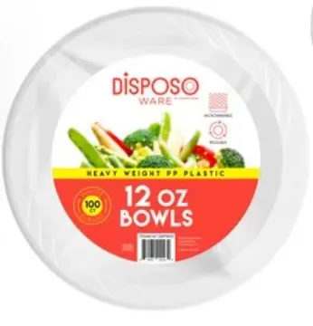 12oz White Round Plastic Bowls, PP Packed 100/Bag 8 Bags/Case
