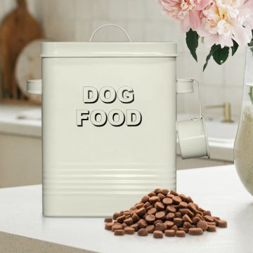 5lbSquareBeigeMetalPetFoodStorageContainerwithHandlesandScoopImage1
