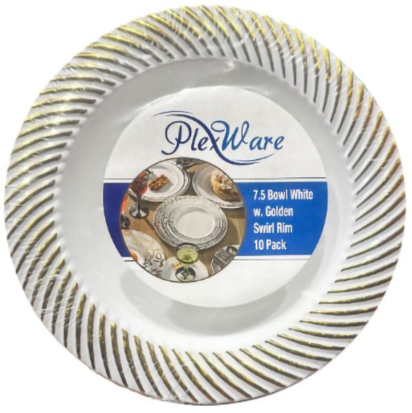 7.5" Round White Bowl with Golden Swirl Rim, 10/Pack, 12/Case