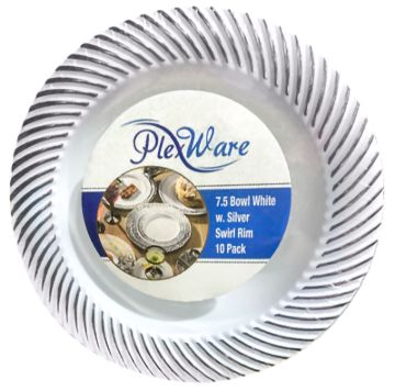 7.5" Round White Bowl with Silver Swirl Rim, 10/Pack, 12/Case
