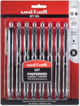 uni-ball 207 Retractable Gel Pens, Medium Point, 0.7mm, Black, 8 Count