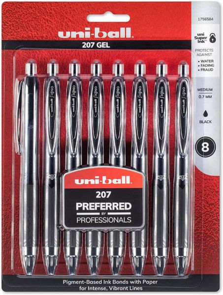 uni-ball 207 Retractable Gel Pens, Medium Point, 0.7mm, Black, 8 Count