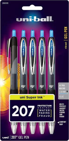 Uniball Signo 207 Gel Pen 5 Pack, 0.38mm Ultra Micro Blue Pens, Gel Ink Pens