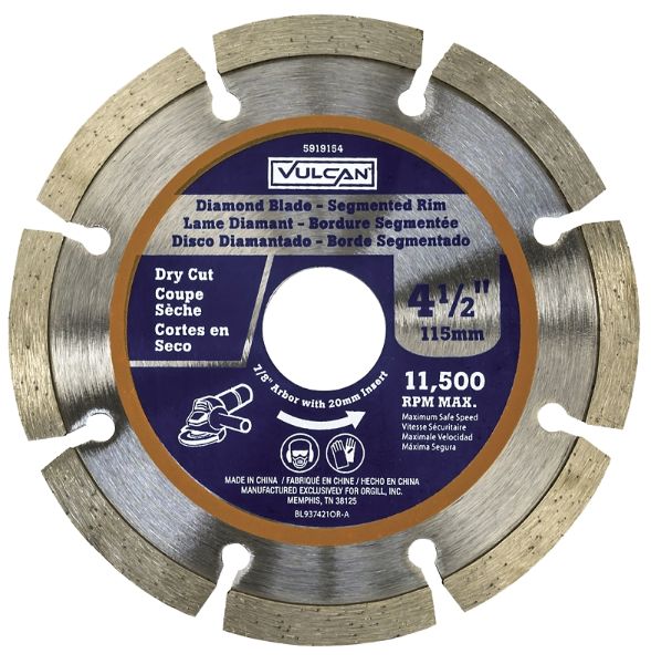 Vulcan 937421OR Diamond Blade, 4.5 in Dia, 7/8 in Arbor, Synthetic Industrial Diamond and 2% Coba...