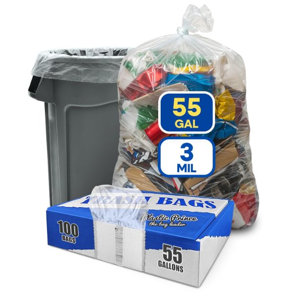 PLASTIC PRINCE (100 Pack) 55-60 Gallon Clear Trash Bags, 3 Mil, Heavy Duty, Fit Rubbermaid Brute Rollout, Round and Square 32-55 gal Trash Cans, 38" x 58" Large Durable Garbage Trash Can Liners
