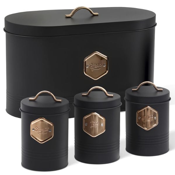 Plexon Bread Box for Kitchen Countertop with Coffee Sugar Tea Kitchen Storage Containers, Bread Box and Canisters Set for the Kitchen with Lid, Black1