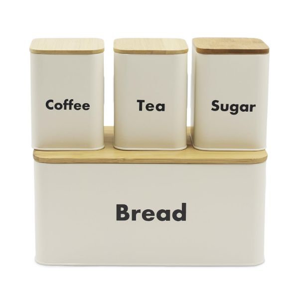 Plexon Bread Box for Kitchen Countertop with 3 Coffee Tea Sugar Canisters, Metal 4-Piece Bread Box Set with Bamboo Cutting Board Lid, Beige1