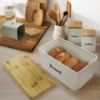 Plexon Bread Box for Kitchen Countertop with 3 Coffee Tea Sugar Canisters, Metal 4-Piece Bread Box Set with Bamboo Cutting Board Lid, Beige5