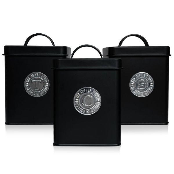 Plexon Canisters Sets for the Kitchen, Kitchen Canisters for Countertop Set of 3, Canister Sets with Lids and Copper Labels, Black1