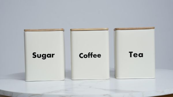 Plexon Kitchen Canister Set of 3 for Countertop with Airtight Bamboo Lids, 3-Piece Metal Coffee Sugar Tea Jars, Food Storage Tin Set, White1