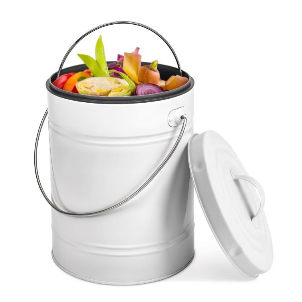 Plexon Kitchen Compost Bin with Airflow Lid, 1.3 Gallon Metal Countertop Compost Bucket, Indoor Composter - White1