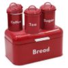 Plexon Bread Box for Kitchen Countertop, Bread Container with Coffee, Tea, Sugar Canisters, Metal 4-Piece Bread Box Set with Lids, Red1