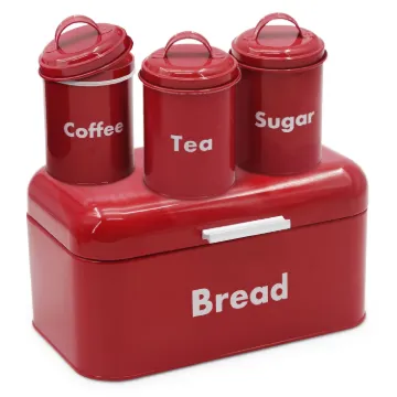 Plexon Bread Box for Kitchen Countertop, Bread Container with Coffee, Tea, Sugar Canisters, Metal 4-Piece Bread Box Set with Lids, Red1