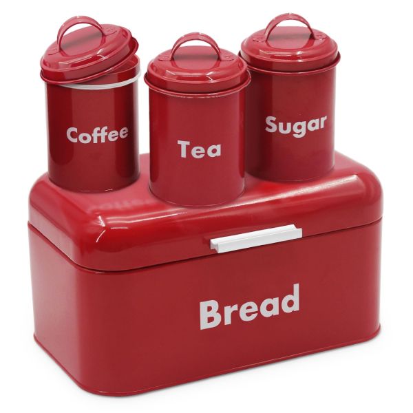 Plexon Bread Box for Kitchen Countertop, Bread Container with Coffee, Tea, Sugar Canisters, Metal 4-Piece Bread Box Set with Lids, Red1