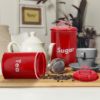 Plexon Bread Box for Kitchen Countertop, Bread Container with Coffee, Tea, Sugar Canisters, Metal 4-Piece Bread Box Set with Lids, Red7