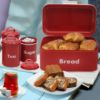 Plexon Bread Box for Kitchen Countertop, Bread Container with Coffee, Tea, Sugar Canisters, Metal 4-Piece Bread Box Set with Lids, Red8