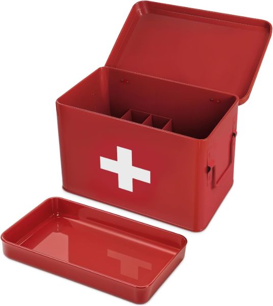Plexon First Aid Kit, First Aid Supplies Bin, 8.5" Metal Medicine Storage Box with Lid, First Aid Kit Box Organizer, Red1