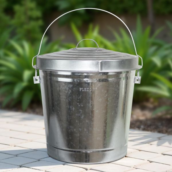 Plexon Silver 10 Gallon Trash Can with Lid Galvanized Steel Stylish Metal Trash Bin Outdoor for Kitchen, Patio, and Camping1