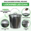 Plexon Silver 10 Gallon Trash Can with Lid Galvanized Steel Stylish Metal Trash Bin Outdoor for Kitchen, Patio, and Camping3