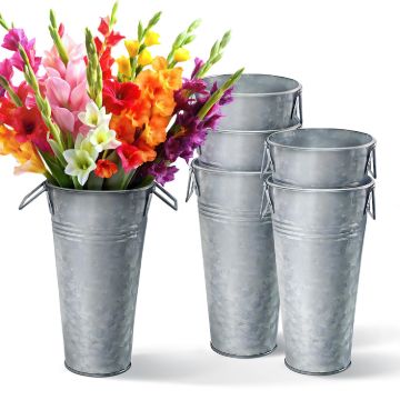 Plexon 9" Tall Galvanized Metal Vase for Flowers, Metal Flower Container with Handles, Farmhouse French Tin Vases for Flowers Ideal for Sparkler Bucket Wedding Home Decor, Set of 61