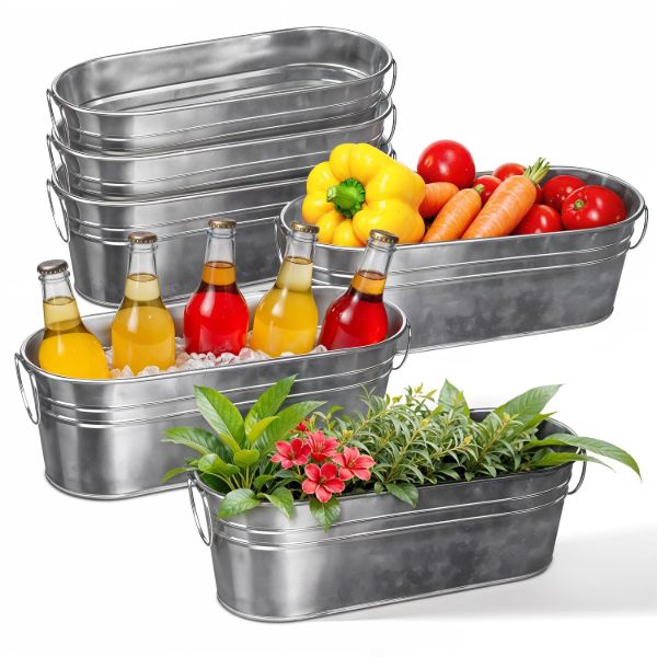 Plexon Small Galvanized Tub with Handles, 12 inch Oval Planter Tub for Decor Wedding, Multiuse Metal Tub Champagne Bucket for Beer Bottles Wine Tub for Parties, 0.7 Gall, Set of 61