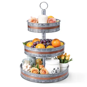 Plexon 3 Tiered Tray Stand, Metal Tiered Serving Tray, Round Seafood Tower, Centerpiece Three Tiered Serving Stand, Galvanized Steel Trays, Silver with Copper Trim Farmhouse 3 Tier Stand for Fruit1