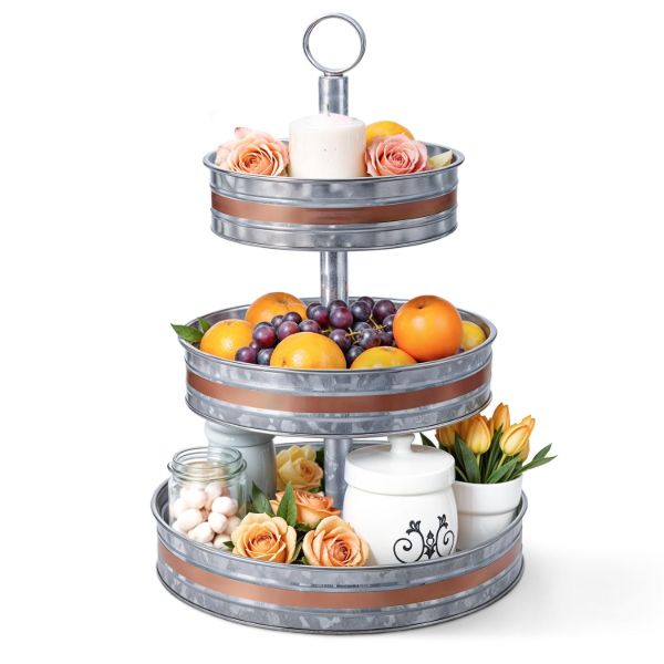 Plexon 3 Tiered Tray Stand, Metal Tiered Serving Tray, Round Seafood Tower, Centerpiece Three Tiered Serving Stand, Galvanized Steel Trays, Silver with Copper Trim Farmhouse 3 Tier Stand for Fruit1