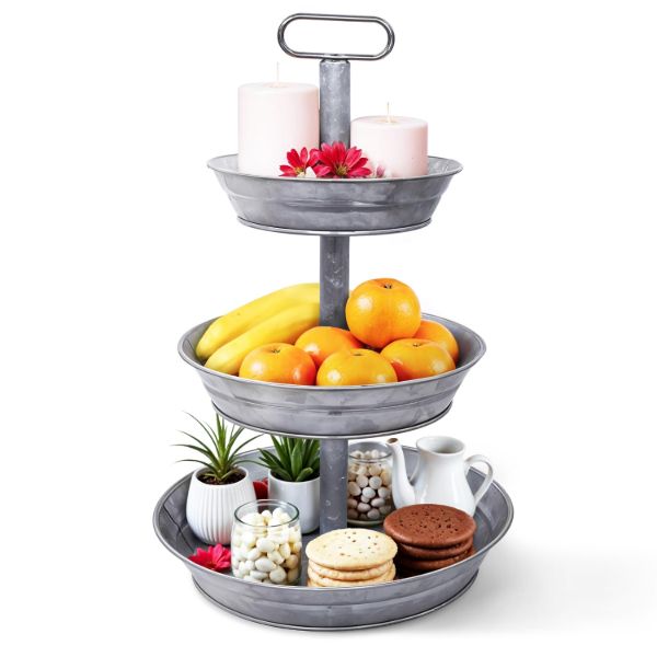 Plexon 3 Tiered Tray Stand, Metal Tiered Serving Tray with Slanted Sides, Round Seafood Tower, Centerpiece Three Tiered Serving Stand, Galvanized Steel Trays, Silver Farmhouse 3 Tier Stand for Fruit1