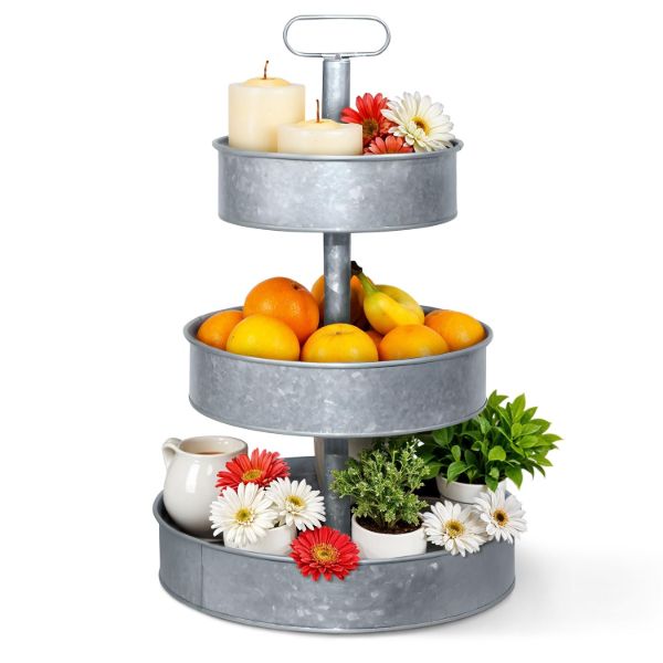 Plexon 3 Tiered Tray Stand, Metal Tiered Serving Tray, Round Seafood Tower, Centerpiece Three Tiered Serving Stand, Galvanized Steel Trays, Silver Farmhouse 3 Tier Stand for Fruit, Appetizer1