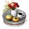 Plexon Metal Serving Tray, Galvanized Tray 12" D with Handles and Copper Decor Trim, Centerpiece Round Coffee Table Steel Silver Trays for Serving Indoor and Outdoor1