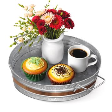 Plexon Metal Serving Tray, Galvanized Tray 12" D with Handles and Copper Decor Trim, Centerpiece Round Coffee Table Steel Silver Trays for Serving Indoor and Outdoor1