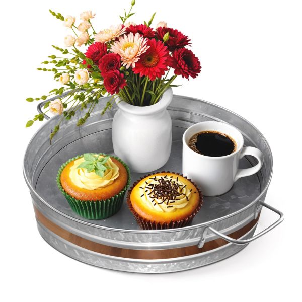 Plexon Metal Serving Tray, Galvanized Tray 12" D with Handles and Copper Decor Trim, Centerpiece Round Coffee Table Steel Silver Trays for Serving Indoor and Outdoor1