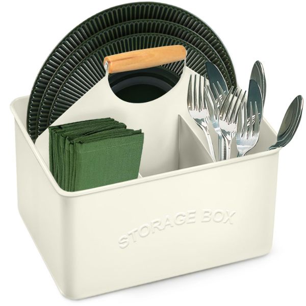 Plexon Off-White Rustic/Farmhouse Metal Caddy, Table Utensil Organizer with Handle, Galvanized Steel Flatware Holder, 4 Compartments, 9.85"H x 11.81"L x 7.1"W1