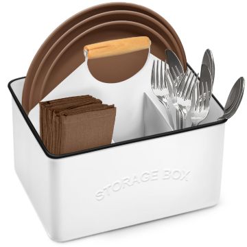 Plexon White Metal Caddy, Table Utensil Caddy with Handle Galvanized Steel Utensil Holder for Party Metal Flatware Caddy Large Silverware Organizer Countertop for Kitchen Garden Patio Bathroom1