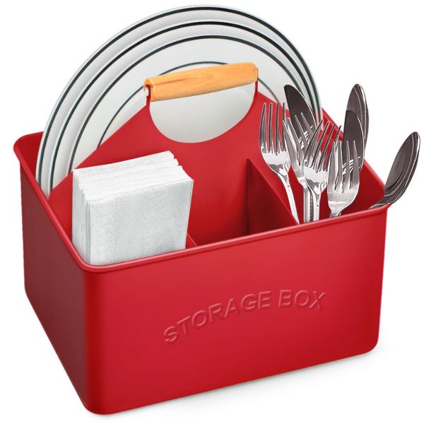 Plexon Red Metal Caddy, Table Utensil Caddy with Handle, Galvanized Steel Utensil Holder for Party, Metal Flatware Caddy Large Silverware Organizer Countertop for Kitchen Garden Patio Bathroom1